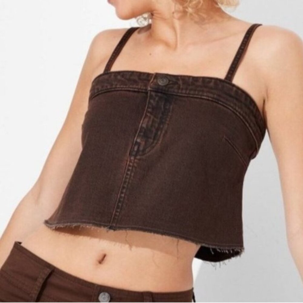 Wild‎ Fable Brown Denim Crop Top XXS Adjustable Straps Frayed Hem